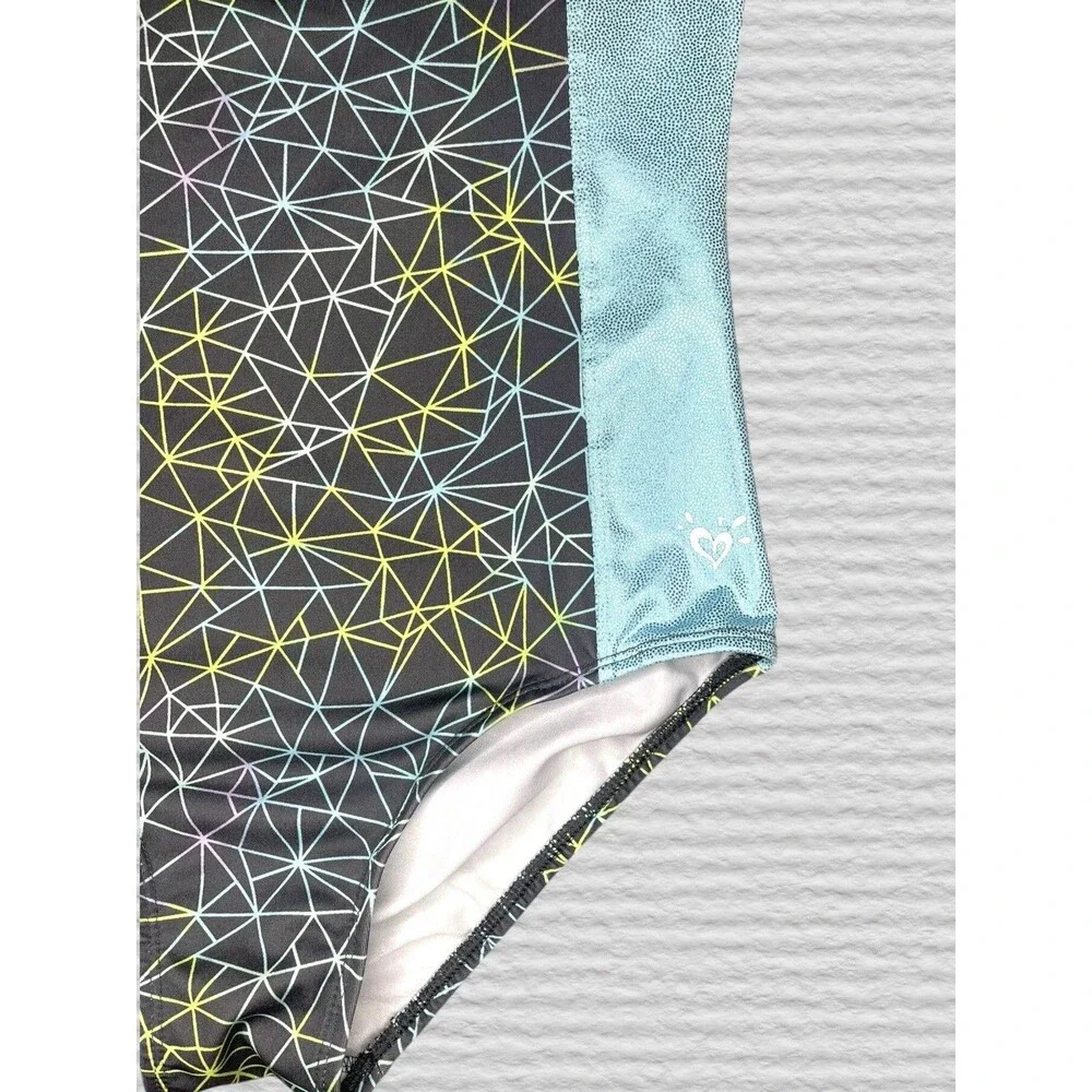 Justice Active Girls Leotard Size 14 Blue Gray Geometric Sparkly Double Strap